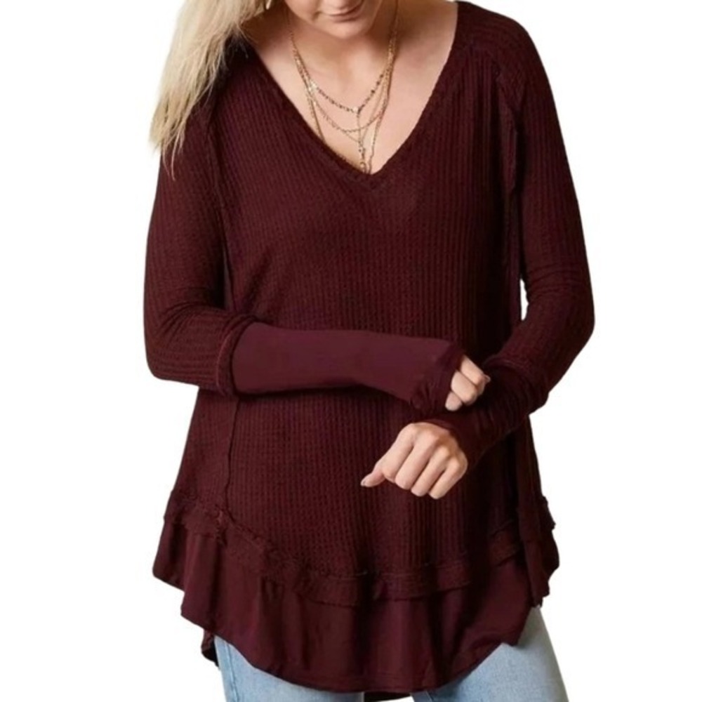 Free people purple red burgundy long sleeve waffle weave shirt top small new!